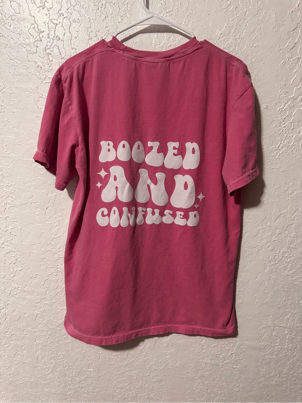 Pink "Boozed and Confused" Graphic T-Shirt
Size Large